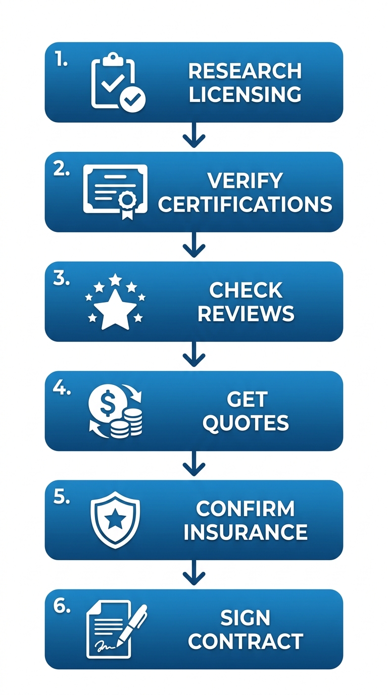 Vertical process flow diagram illustrating six steps to hire a general contractor near Denver: research licensing, verify certifications, check reviews, get quotes, confirm insurance, sign contract.