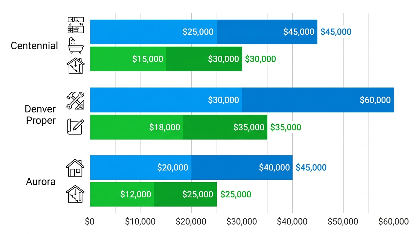 Bar chart comparing average kitchen and bathroom remodel cost ranges across Denver metro neighborhoods: Centennial, Denver Proper, Aurora.