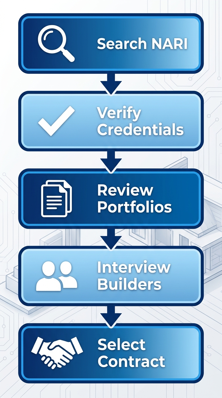 Vertical process flow diagram with five steps for starting a Denver home project: search NARI directory, verify credentials, review portfolios, interview builders, select contract.