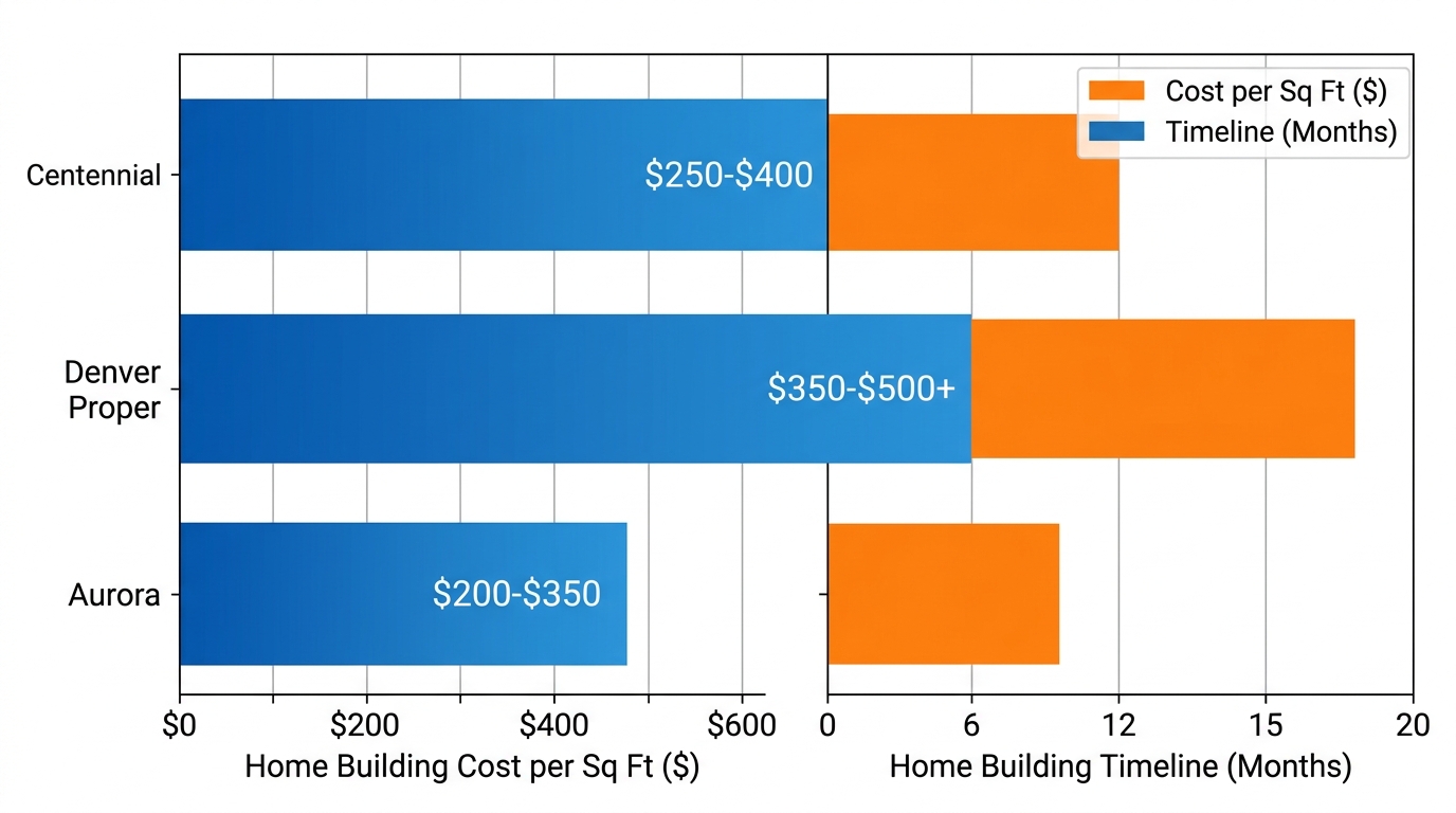 Bar chart comparing home building costs per square foot and project timelines in Centennial, Denver Proper, and Aurora areas.