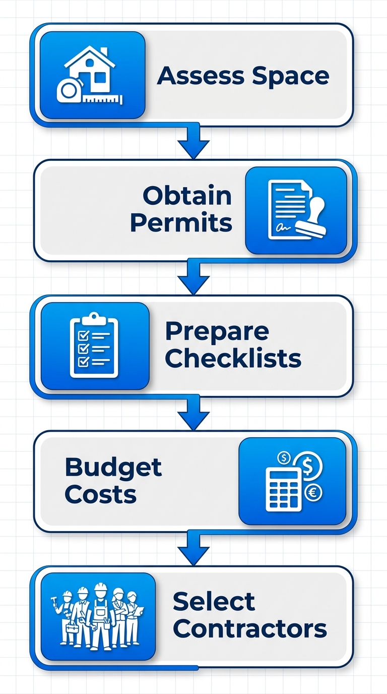 Vertical process flow diagram illustrating five steps to start a South Denver basement remodel: assess space, obtain permits, prepare checklists, budget costs, and select contractors.