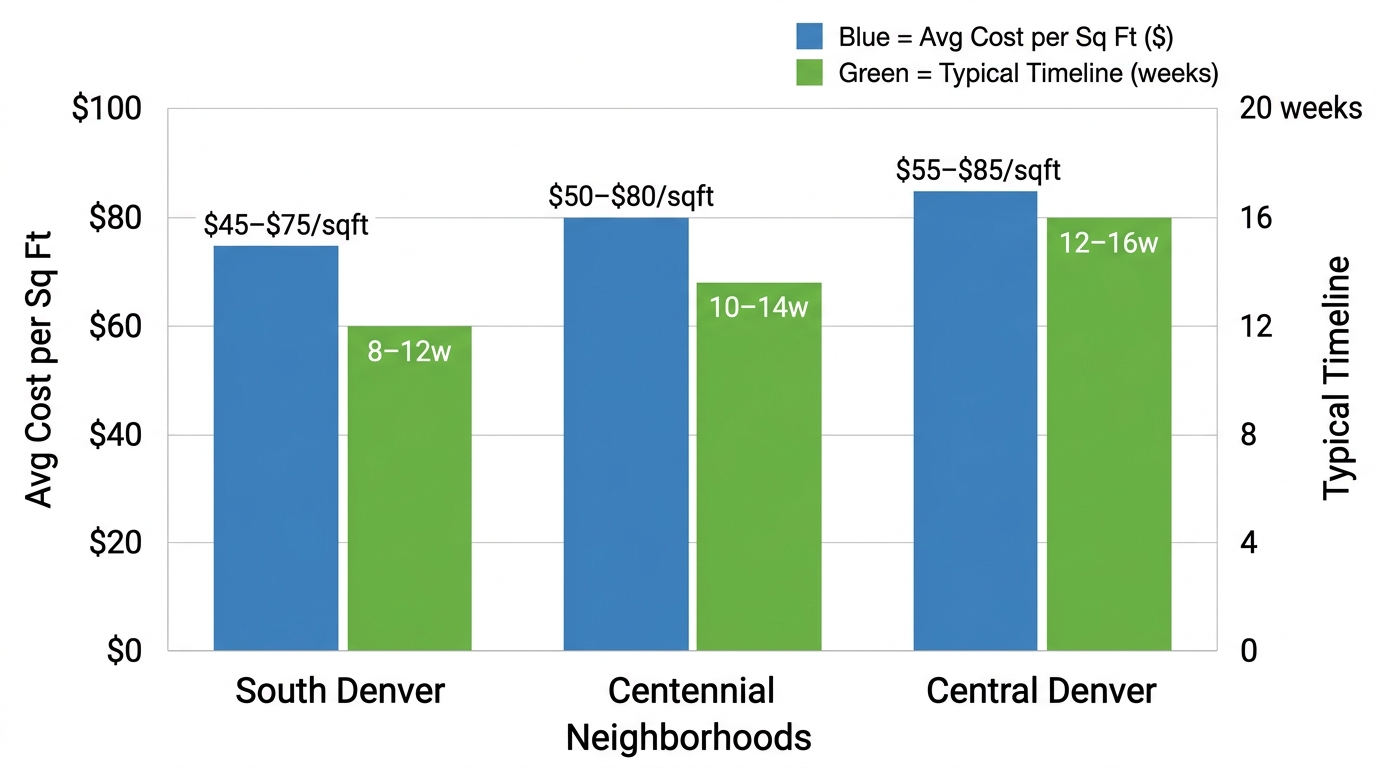 Horizontal grouped bar chart displaying average costs per square foot and timelines for basement remodeling in South Denver, Centennial, and Central Denver neighborhoods