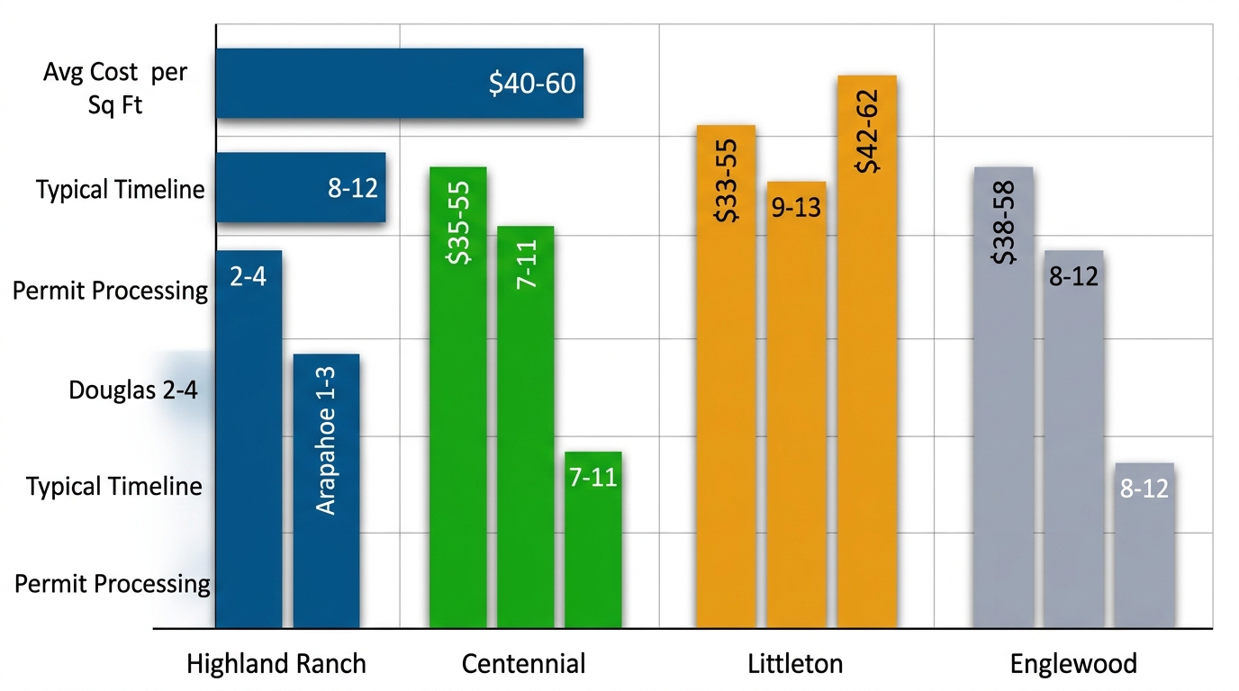 Grouped bar chart comparing basement finishing costs, timelines, and permit processing across Highland Ranch, Centennial, Littleton, and Englewood.