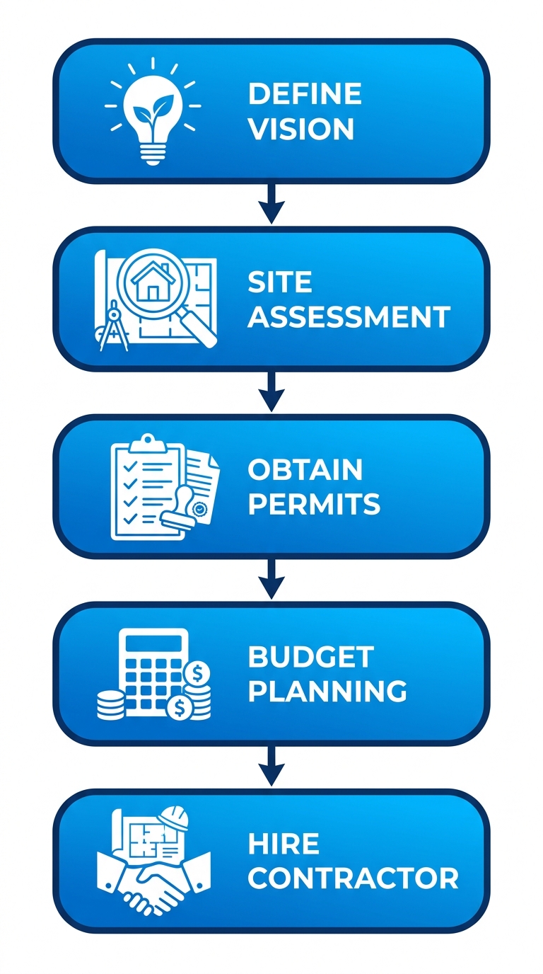 Vertical process flow diagram for starting a basement project: Define Vision, Site Assessment, Obtain Permits, Budget Planning, Hire Contractor.