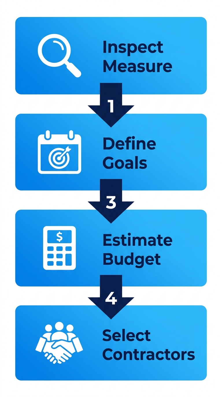 Vertical process flow illustrating 4 steps to start Denver basement finishing: inspect measure, define goals, estimate budget, select contractors.