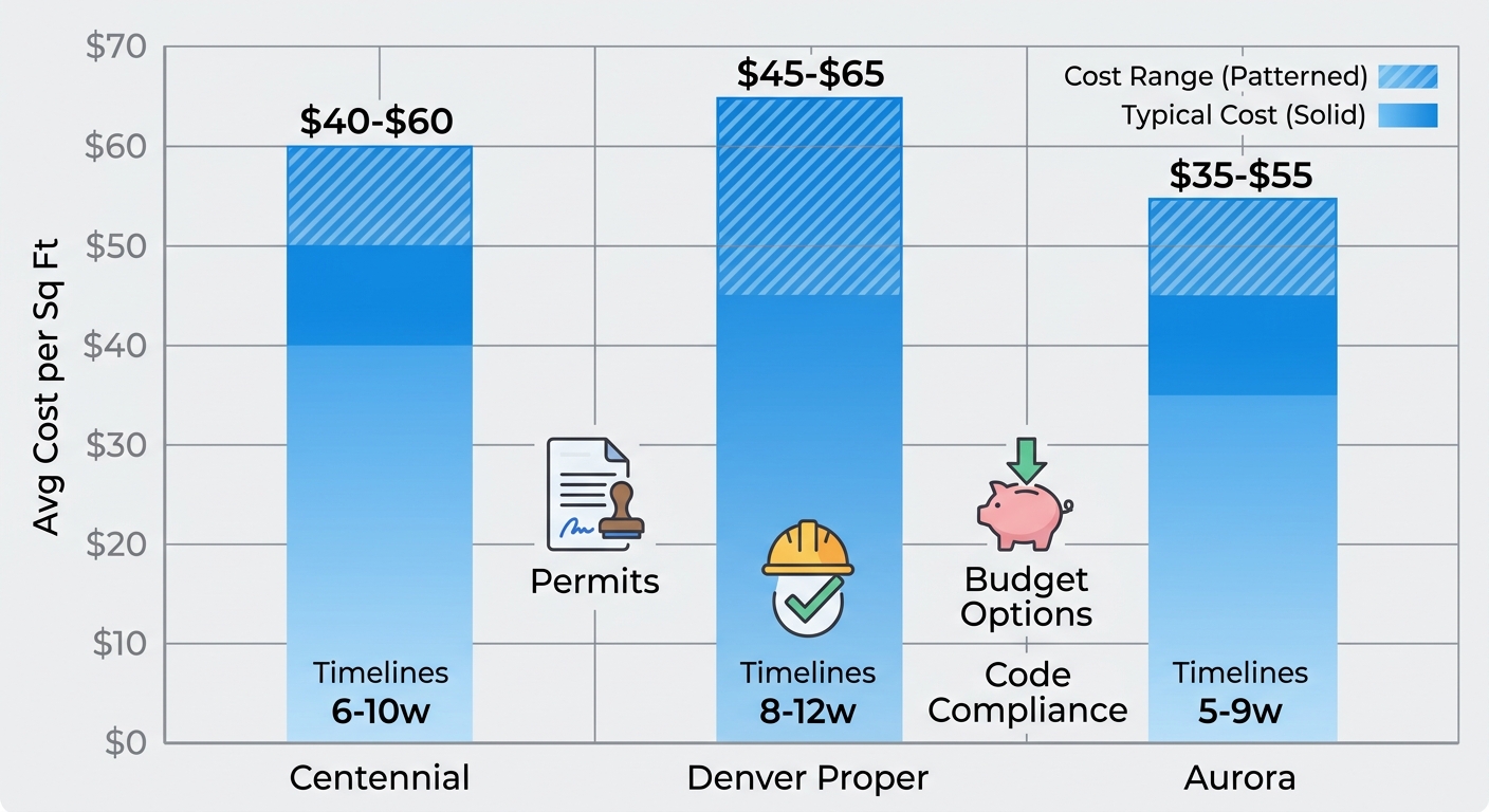 Bar chart comparing basement finishing costs per square foot, timelines, and features in Centennial, Denver Proper, and Aurora neighborhoods.