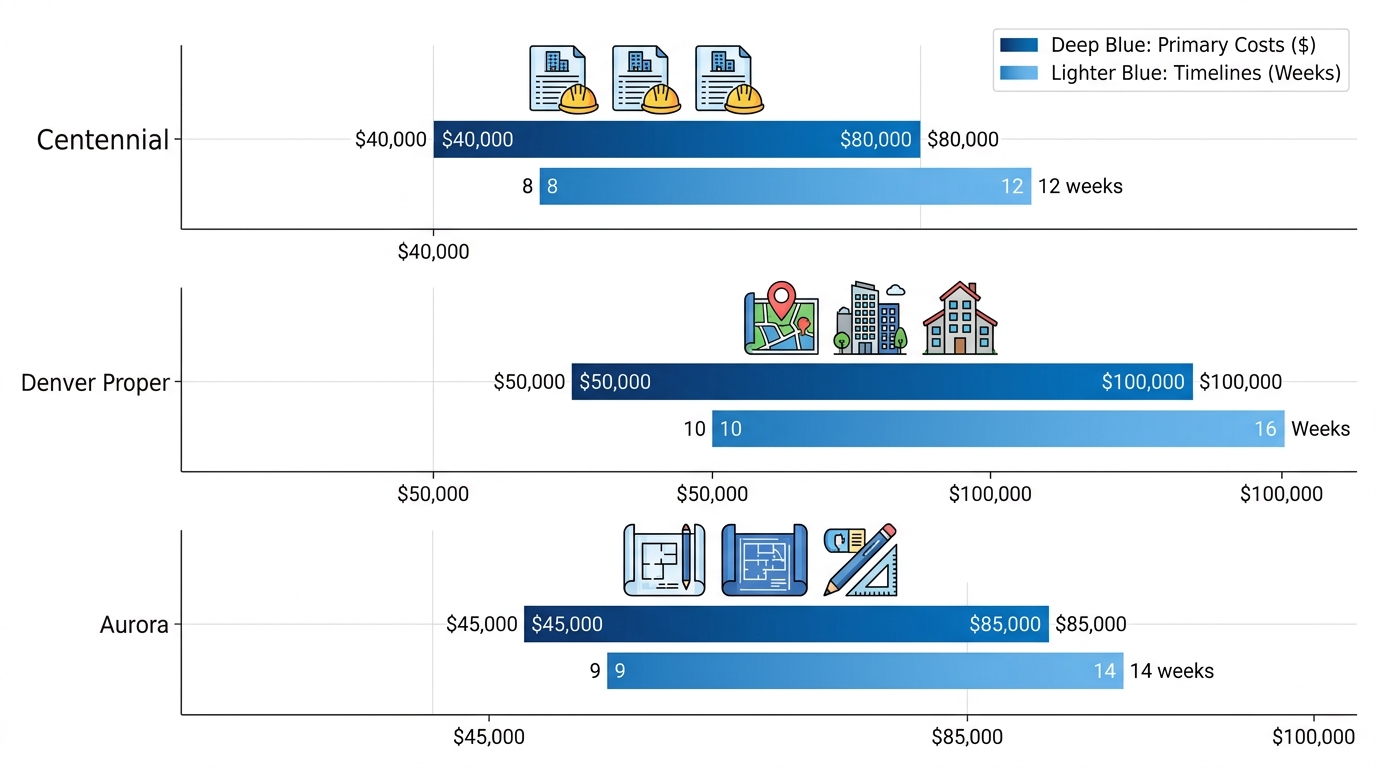 Horizontal bar chart comparing en suite bathroom addition costs, timelines, and permits in Centennial, Denver Proper, and Aurora