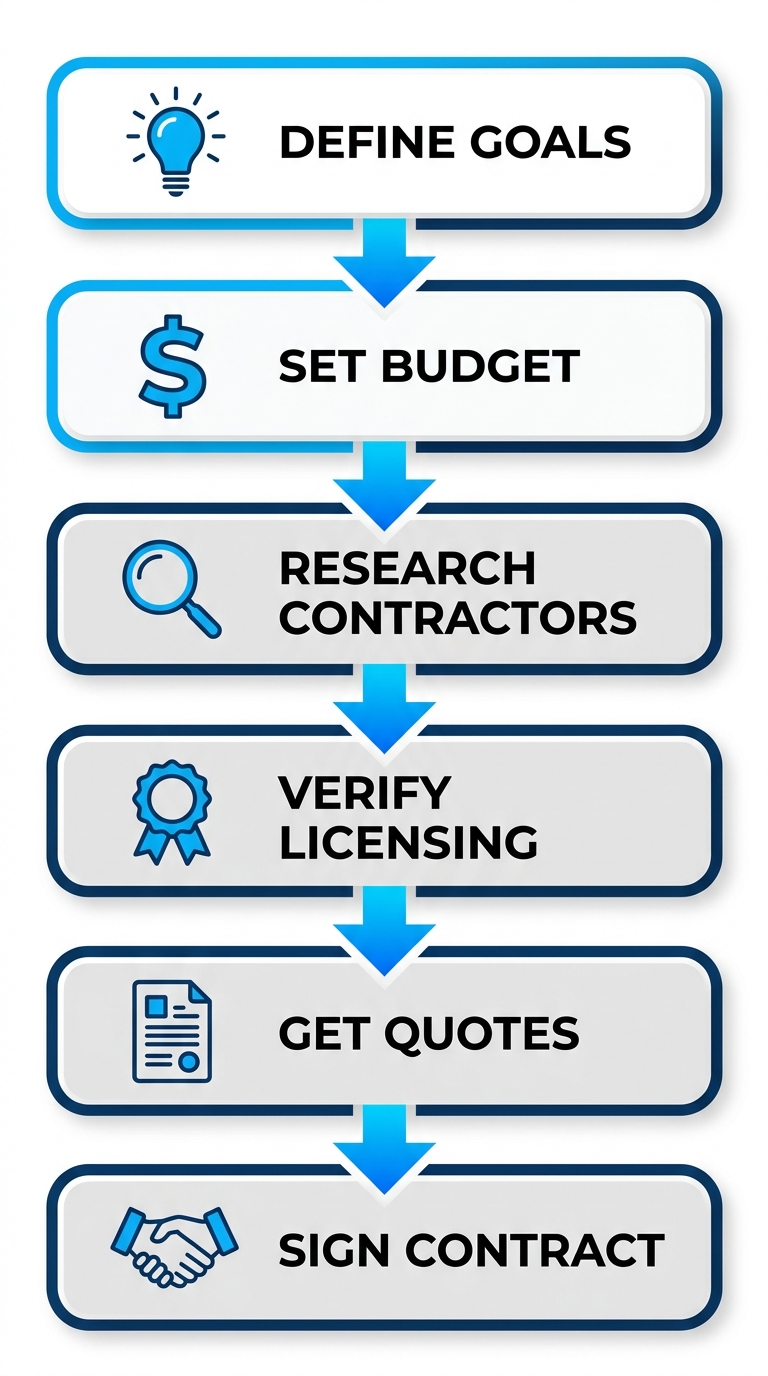 Vertical process flow diagram of 6 steps to start a master bath remodel: define goals, set budget, research contractors, verify licensing, get quotes, sign contract.