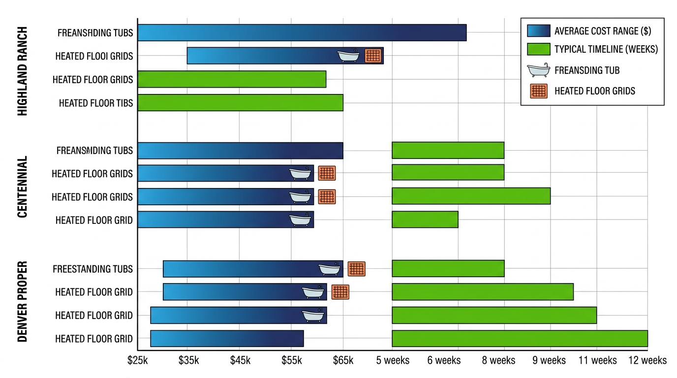 Horizontal bar chart comparing master bath remodel costs, timelines, and features in Highland Ranch, Centennial, and Denver Proper areas