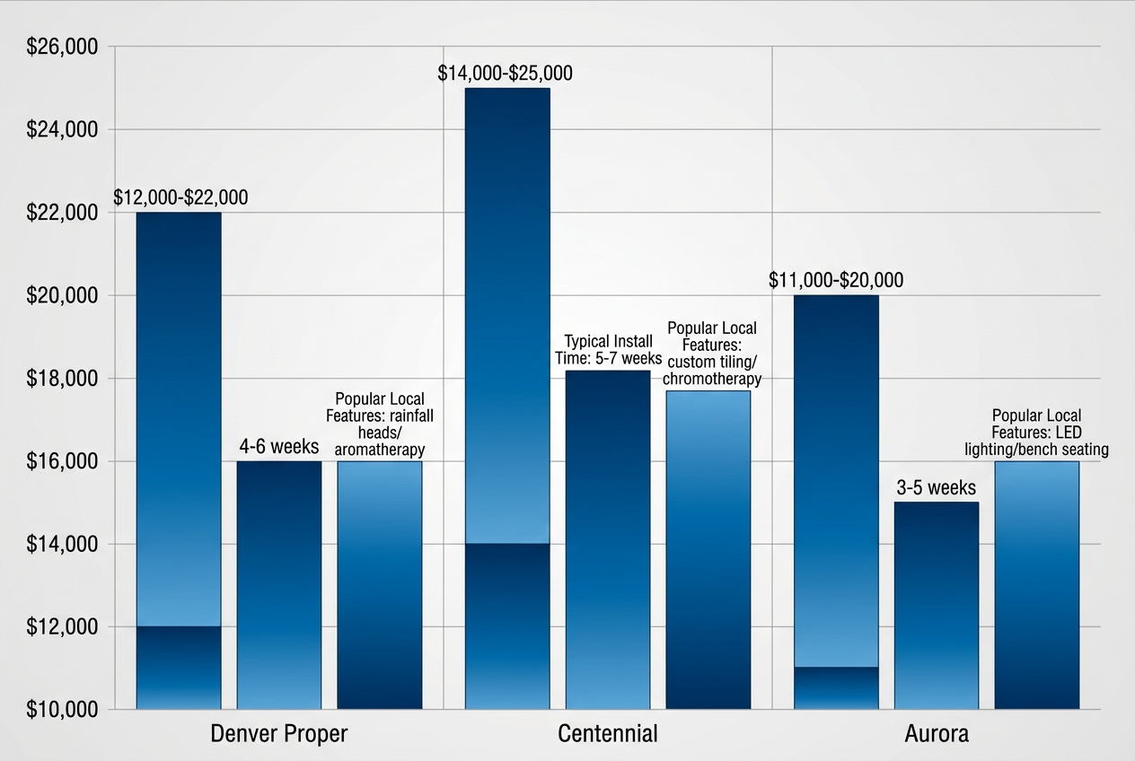 Bar chart comparing custom steam shower costs, installation times, and features in Denver Proper, Centennial, and Aurora.