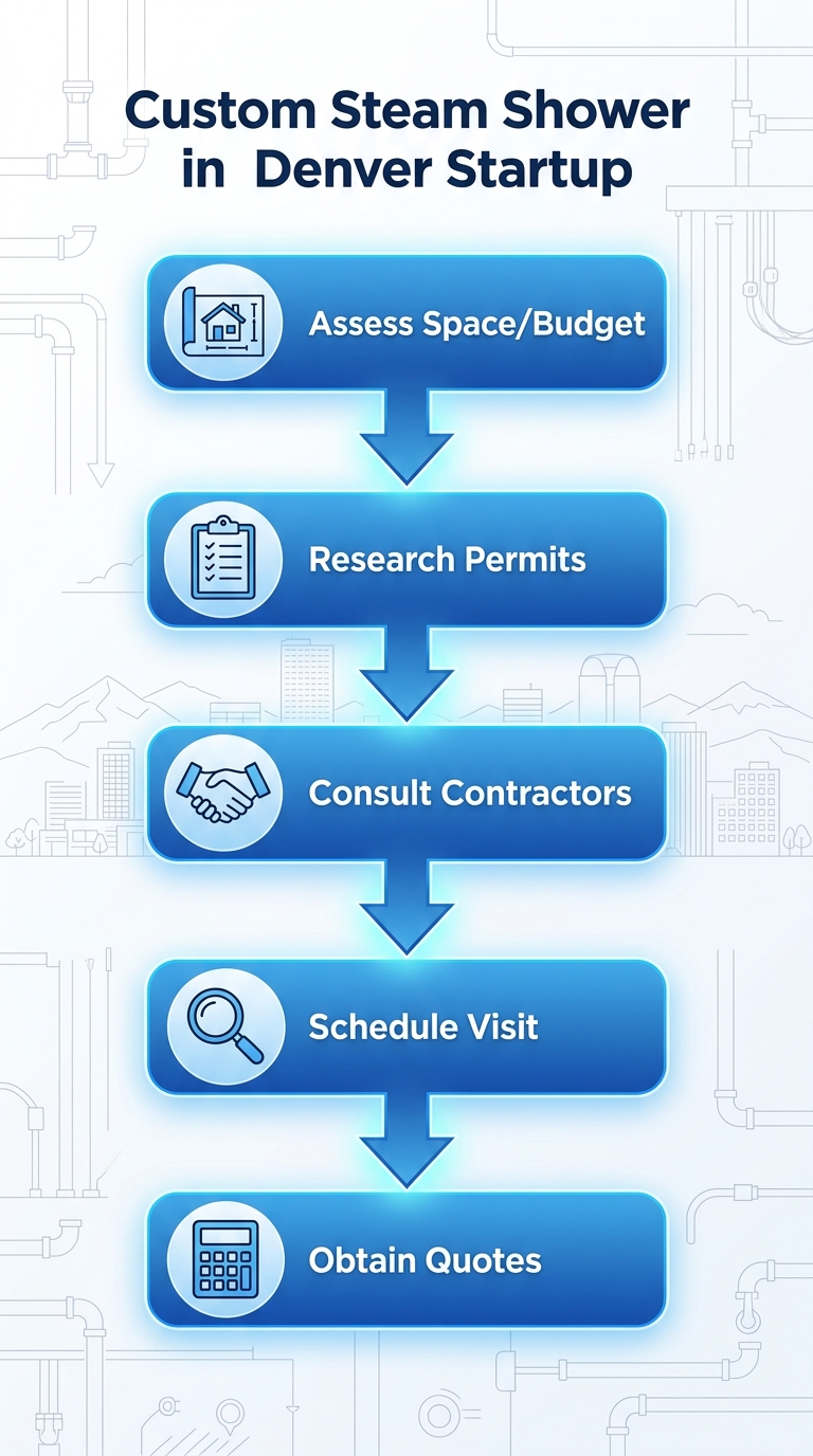 Vertical process flow diagram with five steps for starting a custom steam shower project: assess space and budget, research Denver permits, consult contractors, schedule site visit, obtain quotes.