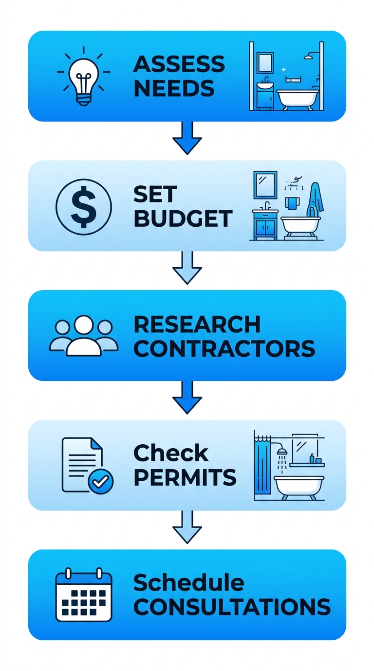 Vertical process flow diagram illustrating 5 key steps to start a bathroom renovation in Parker, Colorado: assess needs, set $10k-$25k budget, research contractors, check Douglas County permits, schedule consultations, with relevant icons and blue gradient design.