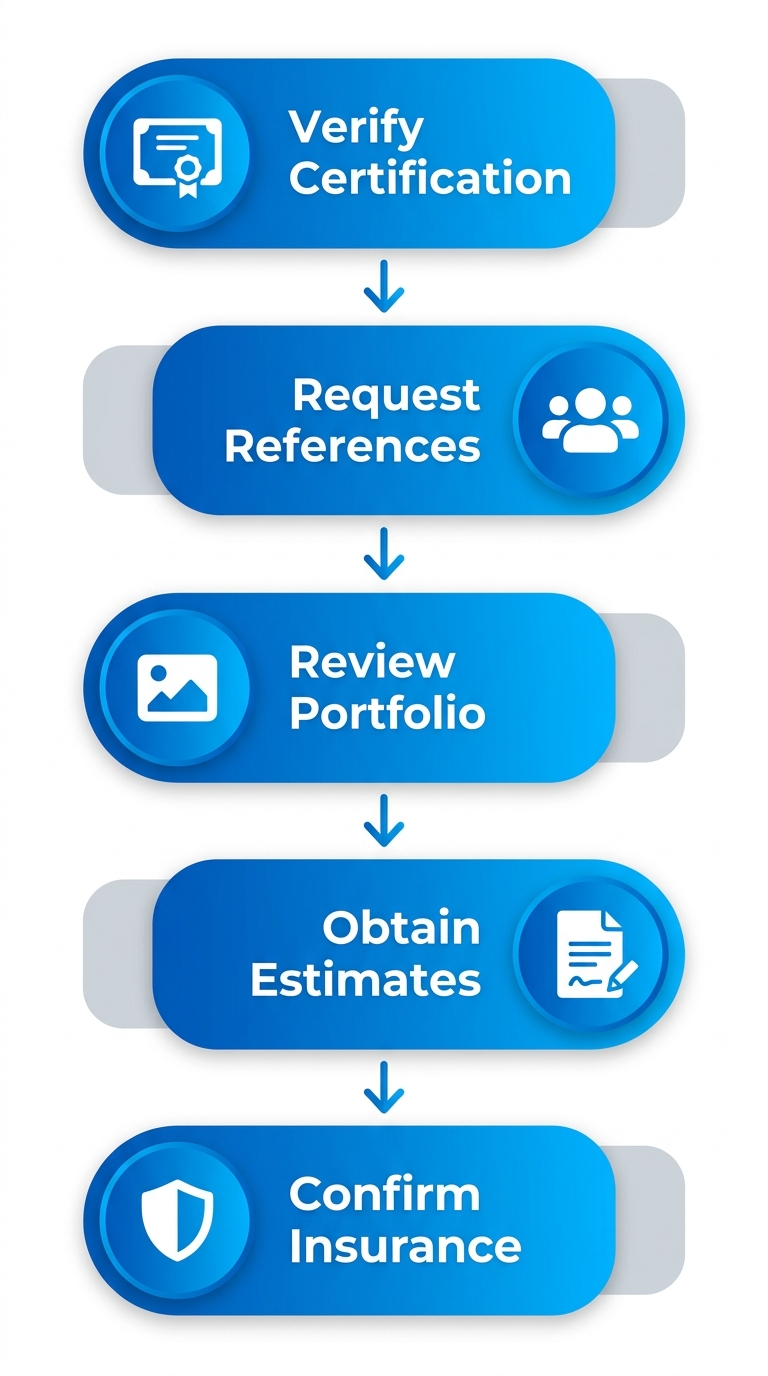 Vertical process flow diagram illustrating five steps to select a home addition contractor: verify certification, request references, review portfolio, obtain estimates, confirm insurance.