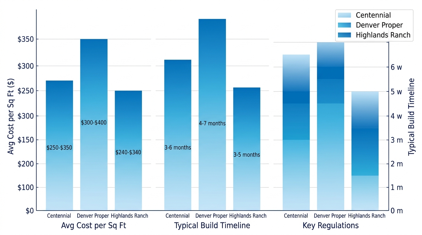 Horizontal bar chart comparing guest suite addition costs, timelines, and regulations in Denver metro areas: Centennial, Denver Proper, Highlands Ranch