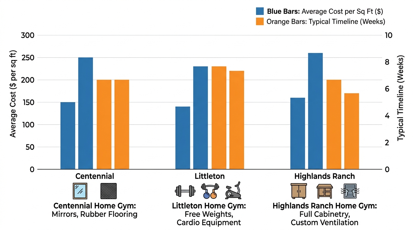 Horizontal grouped bar chart of home gym construction costs and timelines in Centennial, Littleton, and Highlands Ranch, Denver metro area