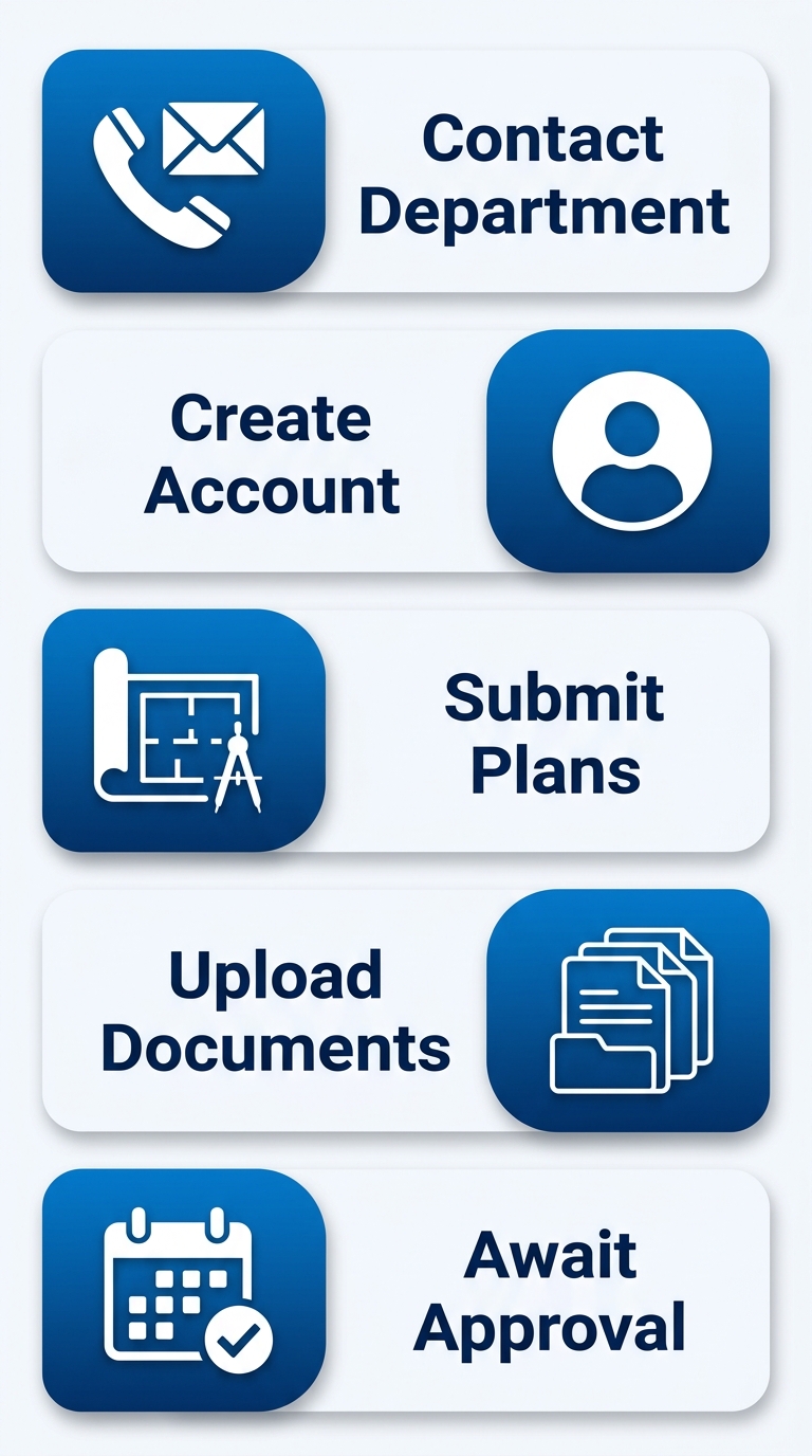 Vertical process flow diagram illustrating the five steps to obtain building permits for a home gym in Denver: contact Centennial CO building department, create online account, submit gym plans, upload documents, and await approval with inspections.