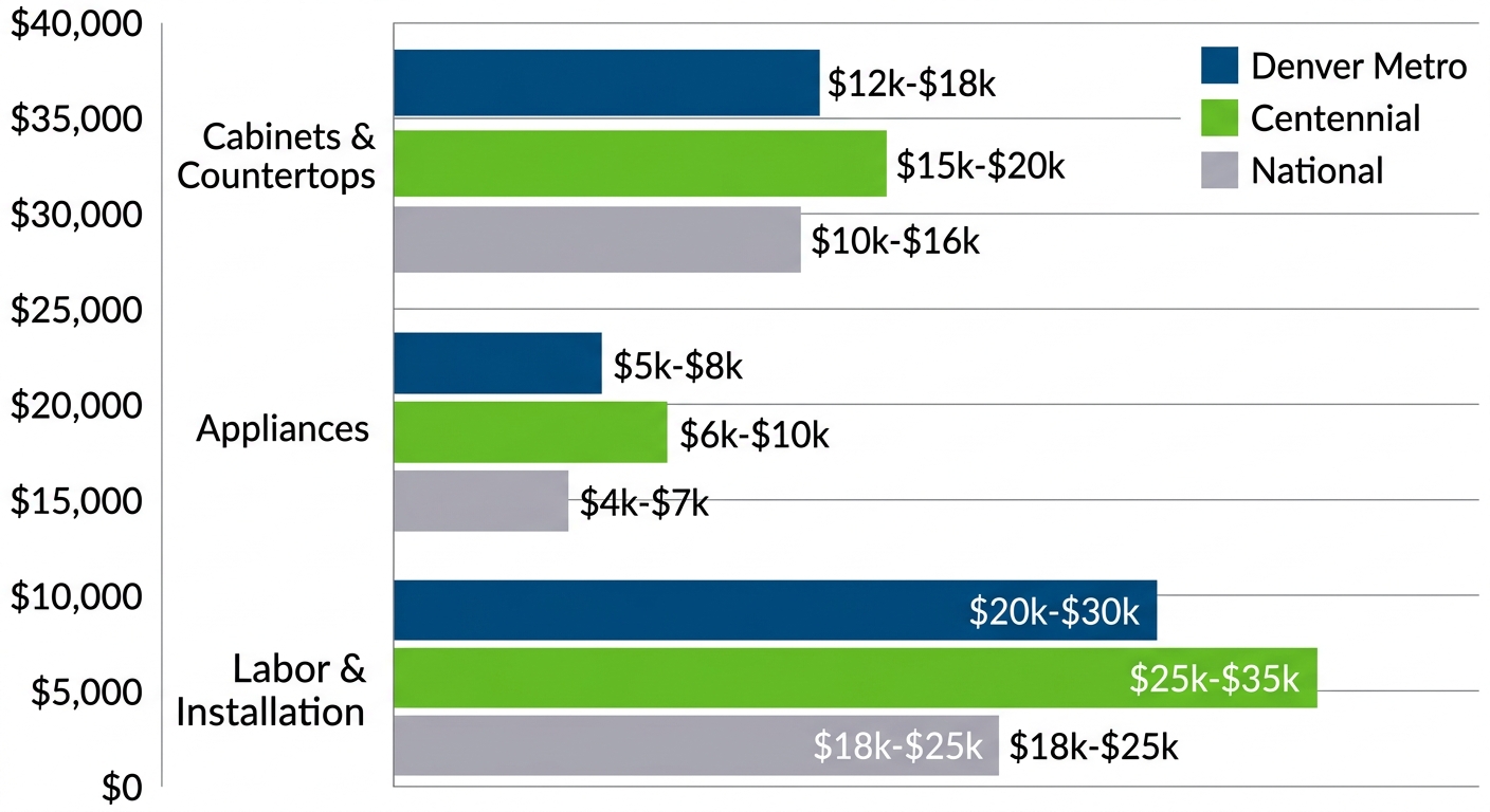 Grouped horizontal bar chart comparing kitchen remodeling cost ranges for cabinets, appliances, and labor across Denver Metro, Centennial, and national averages.