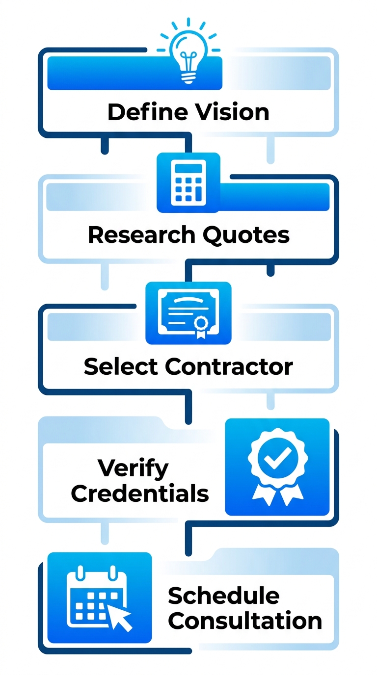 Vertical process flow diagram showing 5 steps to start a Denver kitchen remodel with NARI-certified contractors