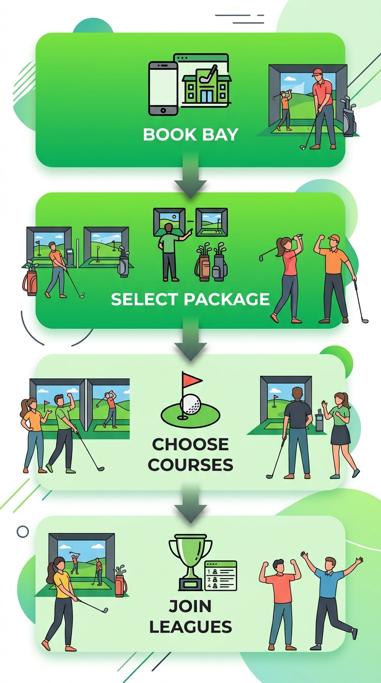 Vertical process flow illustrating 4 steps to start golf simulators at Golfers' Haven near Komoka