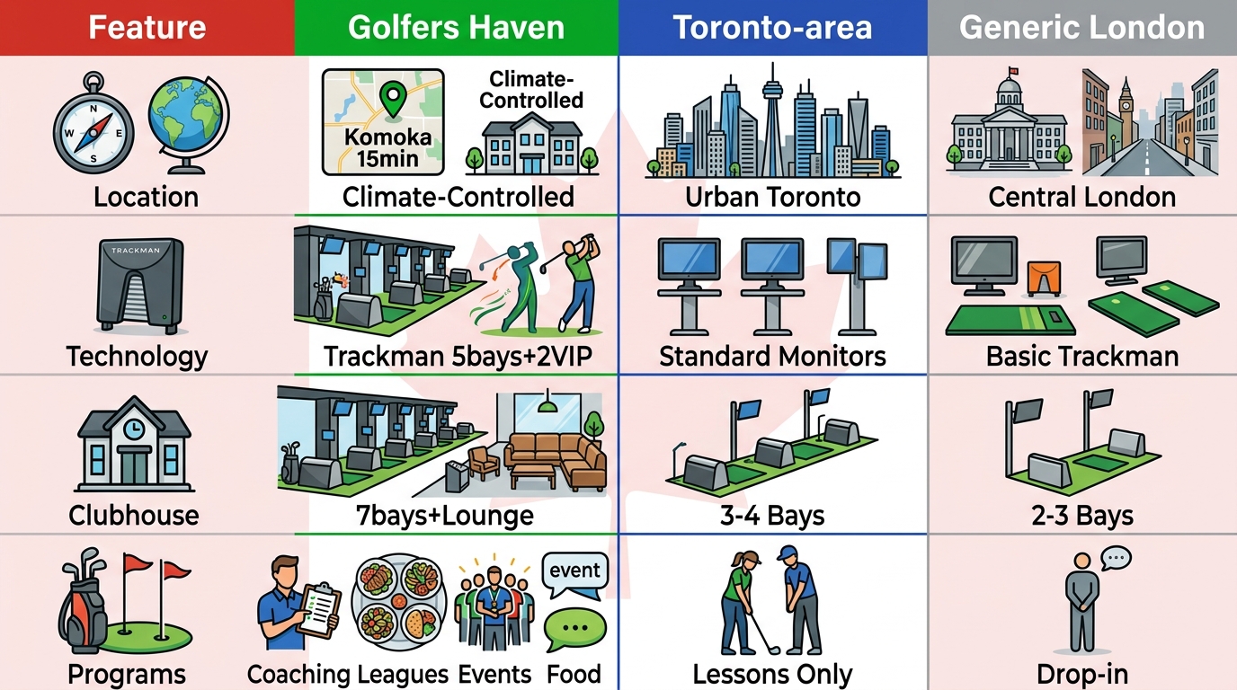 Infographic comparing Golfers' Haven indoor golf facilities to Toronto-area and London options highlighting location technology capacity and services