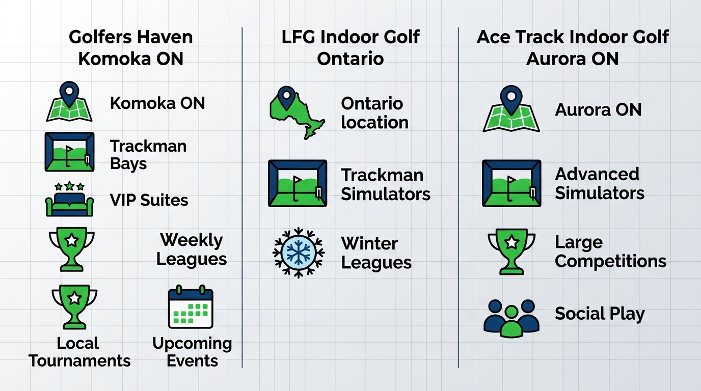 Infographic comparing Golfers' Haven, LFG Indoor Golf, and Ace Track Indoor Golf facilities near Komoka with icons for features and locations