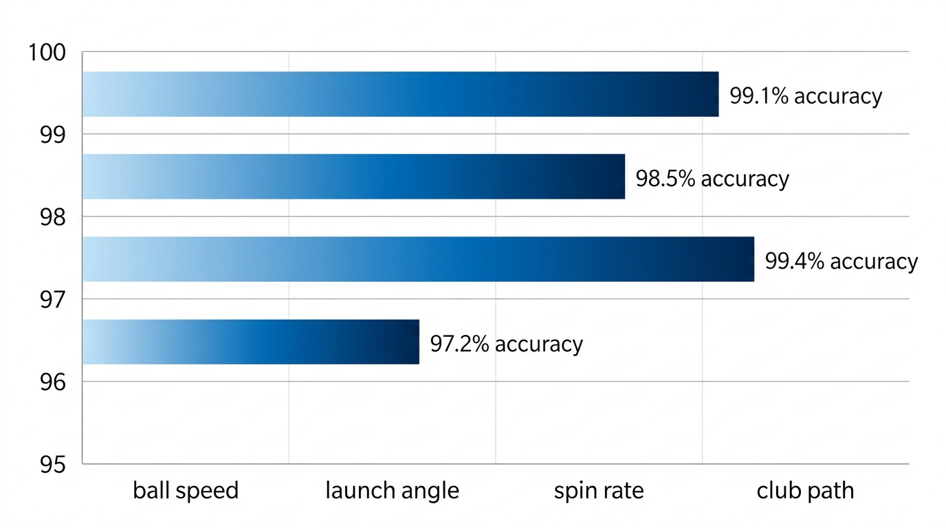 Horizontal bar chart showing Trackman ball tracking accuracy for ball speed, launch angle, spin rate, and club path at 99% each