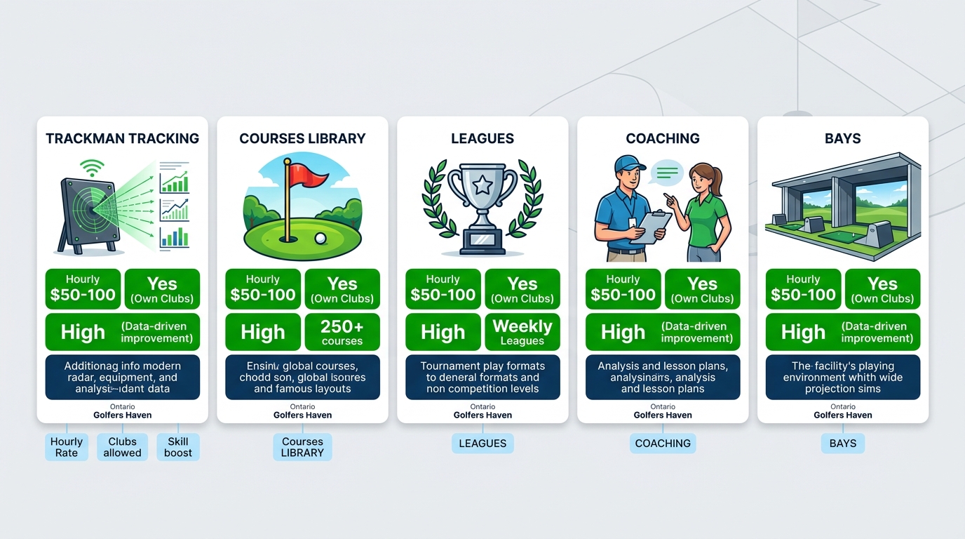 Infographic comparing five virtual golf tools at Golfers' Haven: Trackman tracking, courses library, leagues, coaching, bays with icons and key stats like costs, clubs required, improvement potential, and availability.