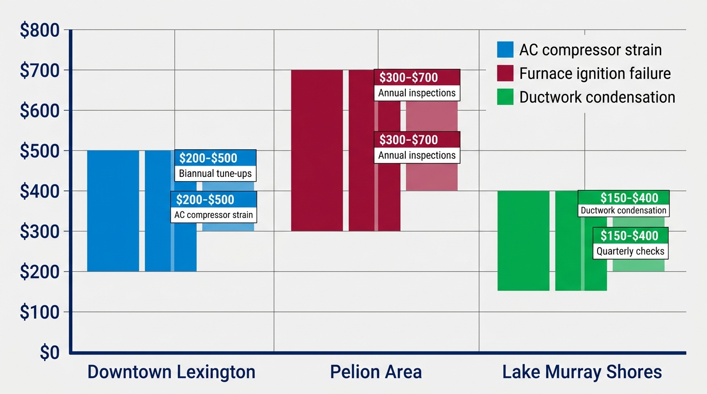 Horizontal grouped bar chart comparing HVAC repair costs and common issues in three Lexington neighborhoods with maintenance recommendations