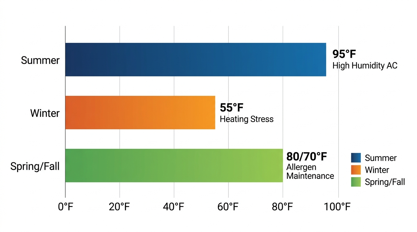 Horizontal bar chart showing average high temperatures by season in Lexington SC and HVAC demands