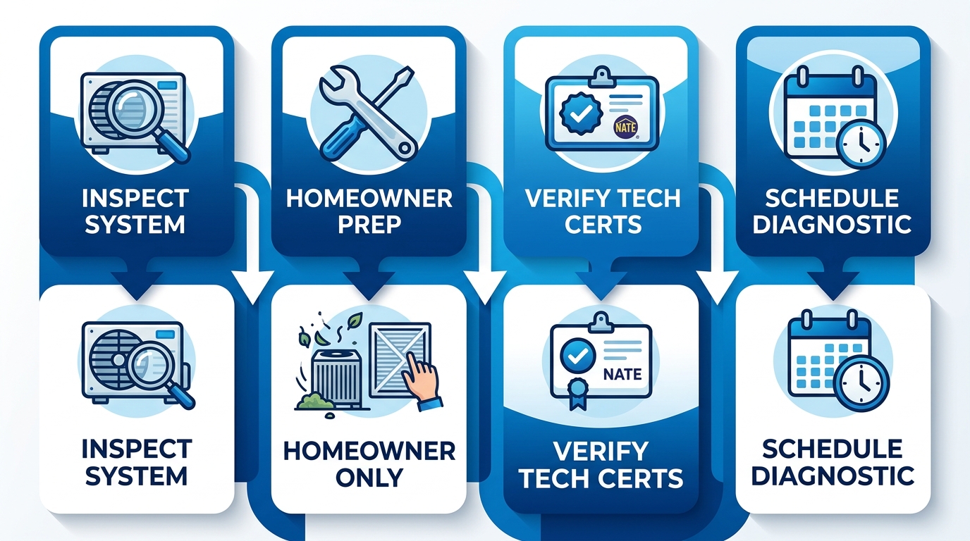 Vertical process flow diagram of 4 steps to begin HVAC service: inspect system, homeowner prep, verify certifications, schedule diagnostic.