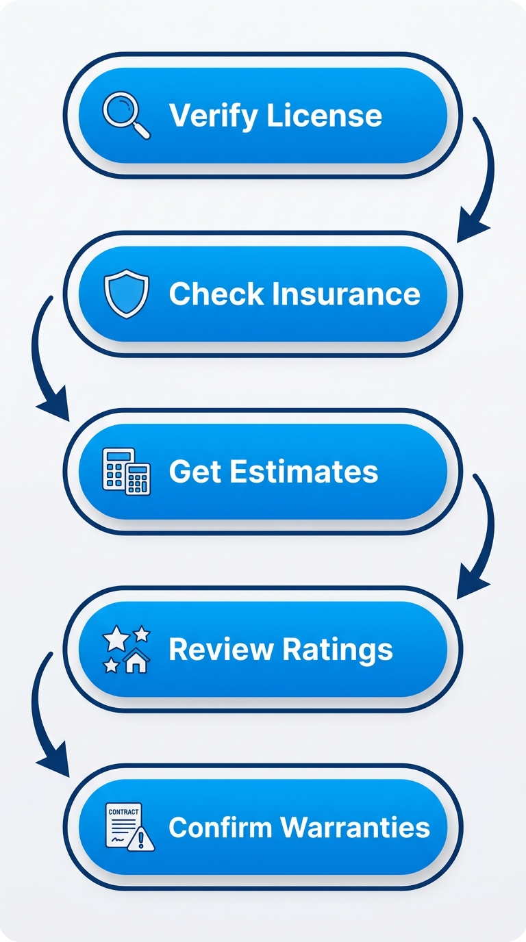 Vertical process flow diagram with five steps to secure HVAC services: verify license, check insurance, get estimates, review ratings, confirm warranties, with icons and arrows.