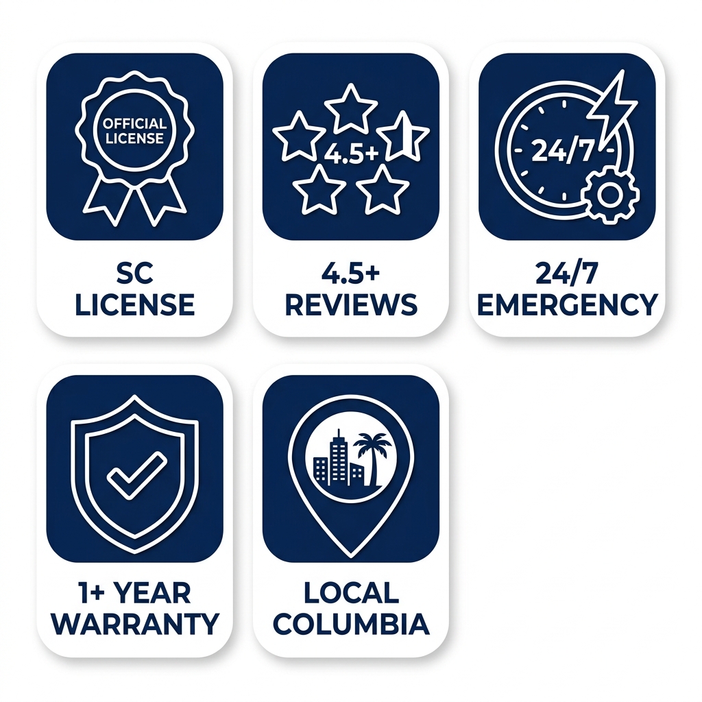 Grid of five icons illustrating essential criteria for selecting an HVAC company: licensing, reviews, emergency service, warranties, and local presence.