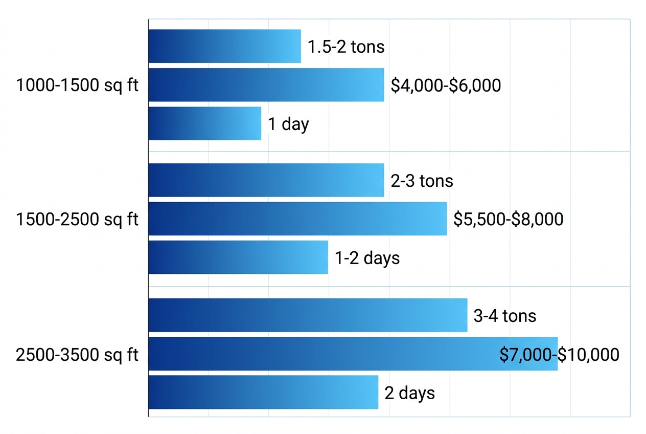 Grouped horizontal bar chart comparing recommended AC sizes, installation costs, and times by home size in Lexington, SC