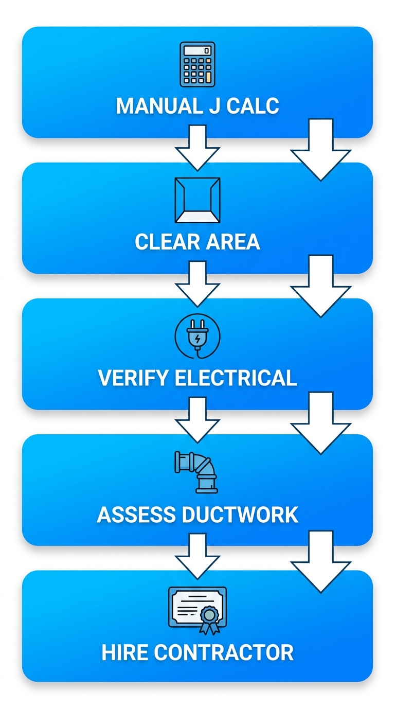 Vertical process flow diagram illustrating five key preparation steps for new AC installation: Manual J calculation, clearing area, electrical verification, ductwork assessment, and hiring licensed contractor with relevant icons.