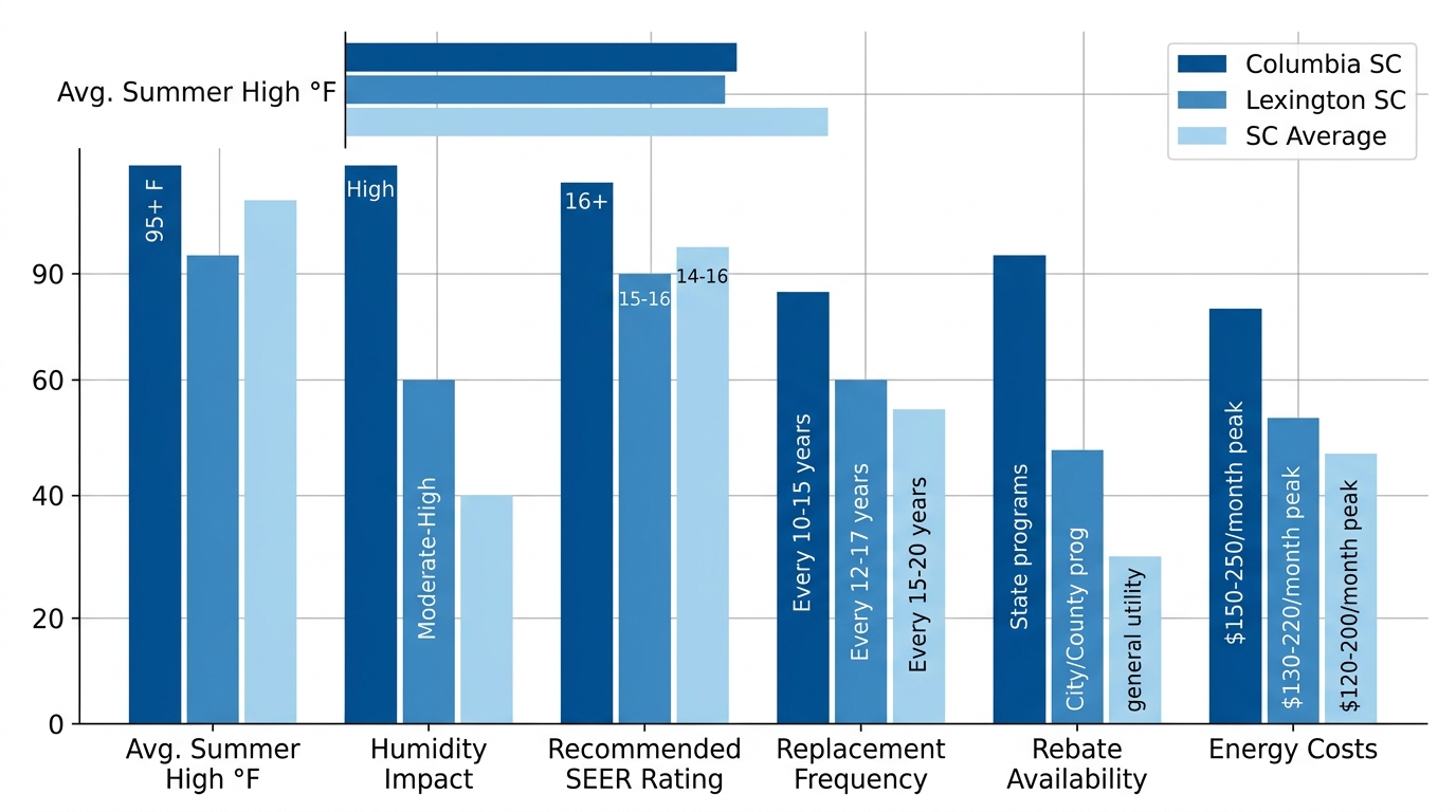Horizontal grouped bar chart comparing AC performance factors including temperature, humidity, SEER ratings, replacement frequency, rebates, and energy costs across Columbia SC, Lexington SC, and South Carolina average.