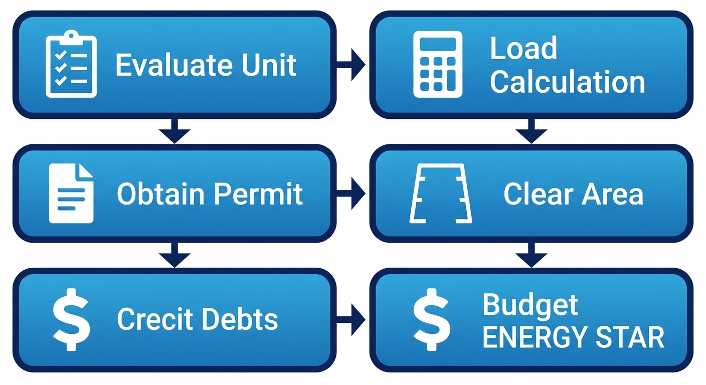 Vertical process flow diagram with 5 steps for preparing new AC installation: evaluate current unit, professional load calculation, obtain permit, clear area around unit, budget with ENERGY STAR selection.