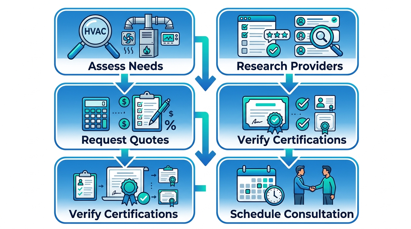 Vertical process flow diagram with 5 steps to start local HVAC services: assess needs, research providers, request quotes, verify certifications, schedule consultation