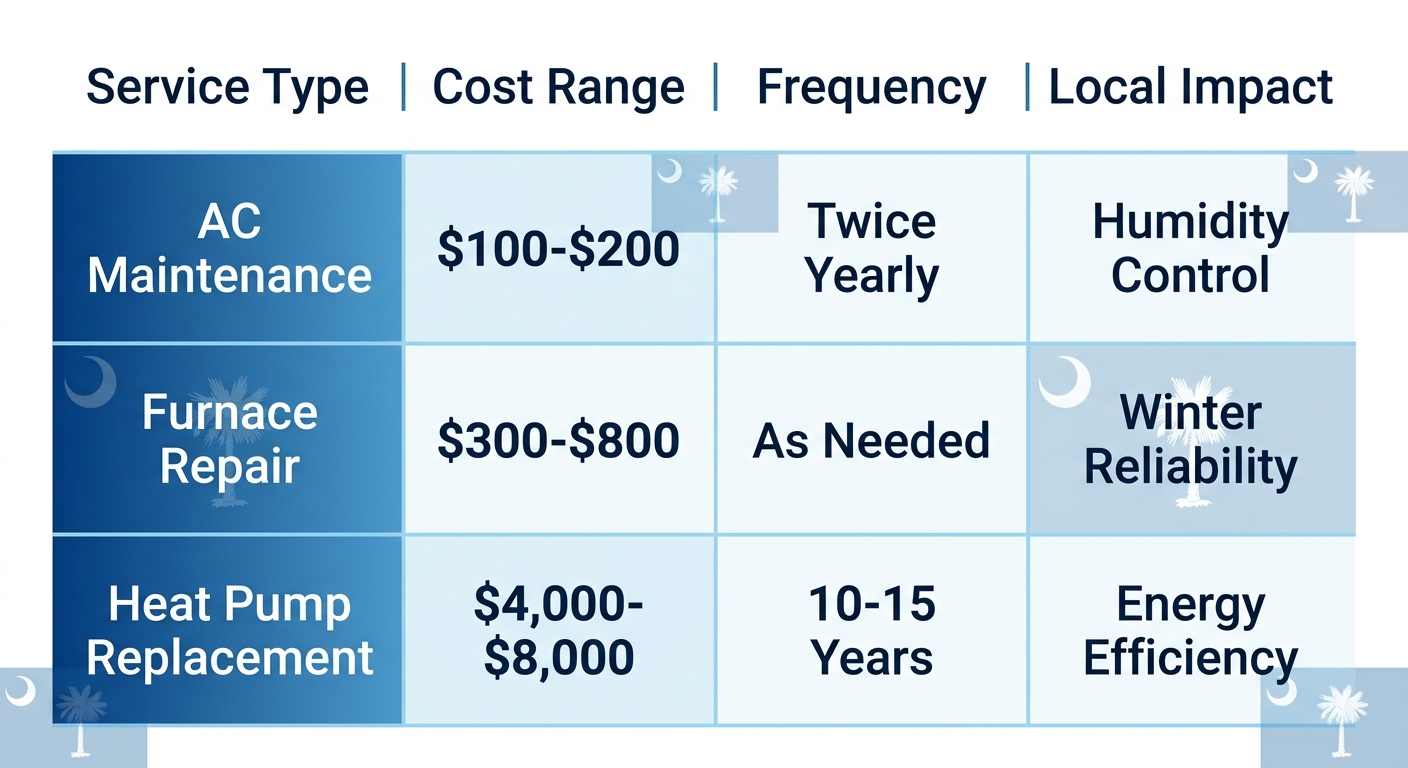 Table comparing AC maintenance, furnace repair, and heat pump replacement costs, frequency, and impacts in Columbia SC