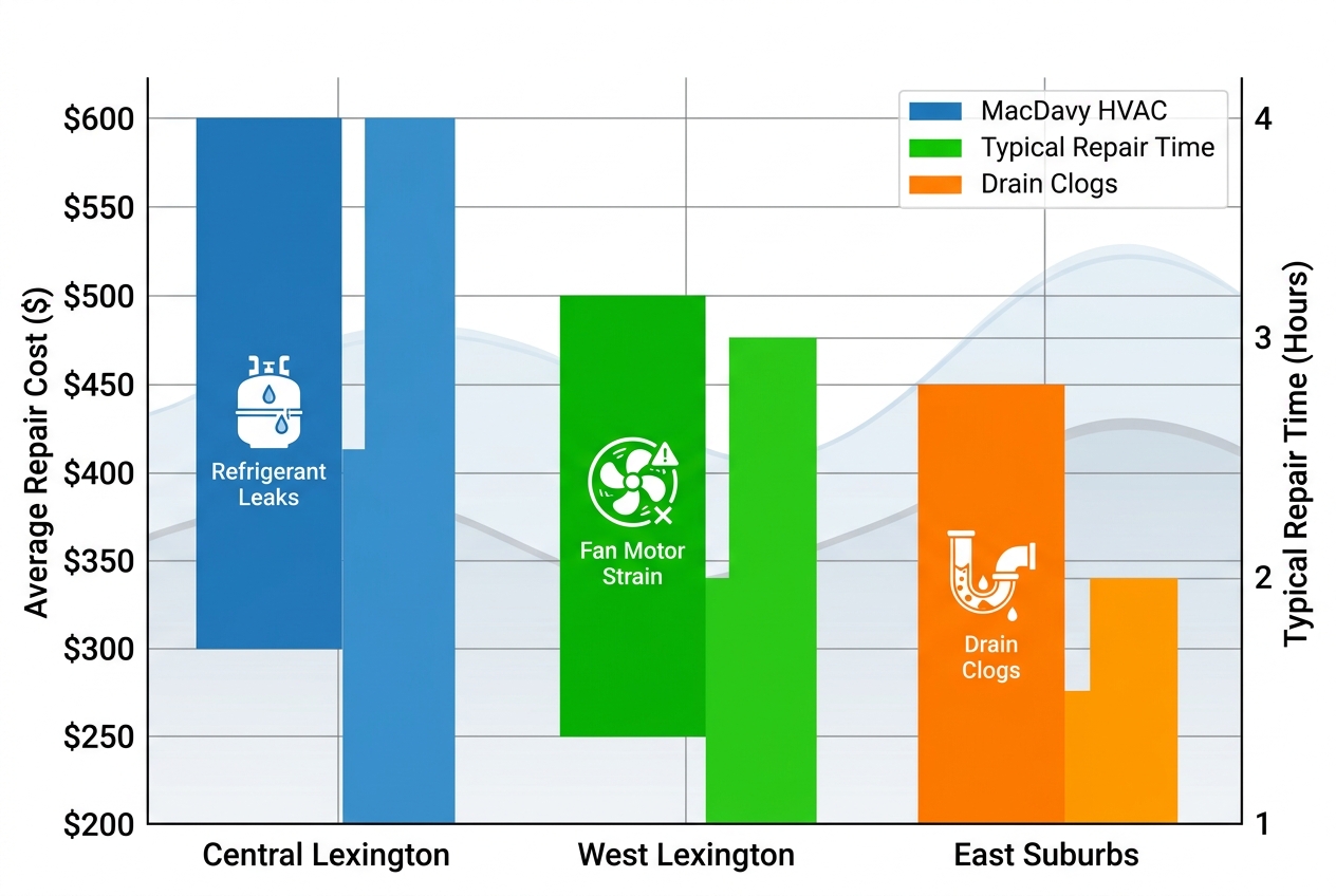 Horizontal grouped bar chart comparing AC repair costs and times across Central Lexington, West Lexington, and East Suburbs neighborhoods