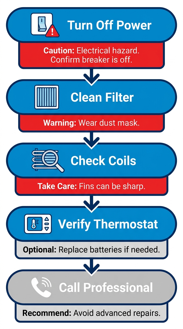 Vertical process flow diagram of five safe steps to initiate AC repair at home: turn off power, clean filter, check coils, verify thermostat, call professional