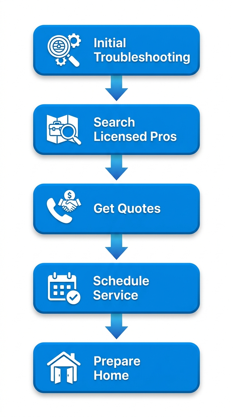 Vertical process flow diagram showing five steps to schedule local AC repair: troubleshooting, search pros, get quotes, schedule service, prepare home with icons and arrows.