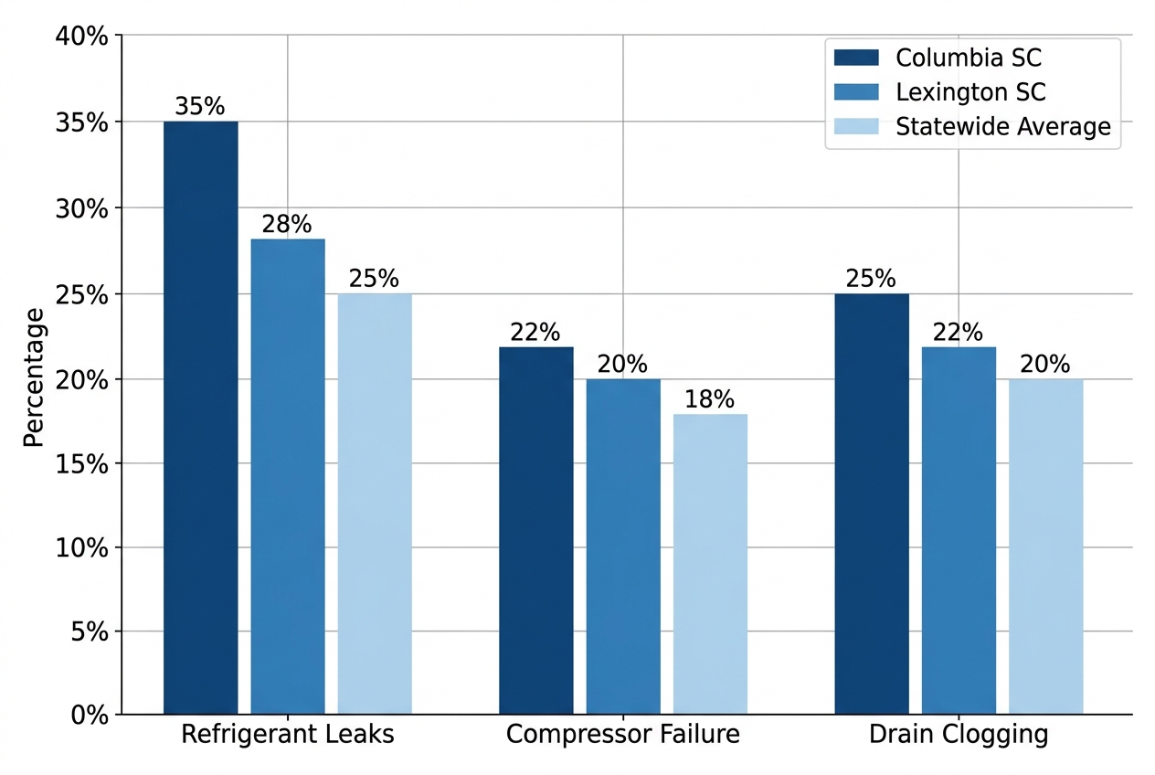 Horizontal bar chart comparing common AC issues like refrigerant leaks, compressor failures, and drain cloggings across Columbia SC, Lexington SC, and statewide averages with percentages.