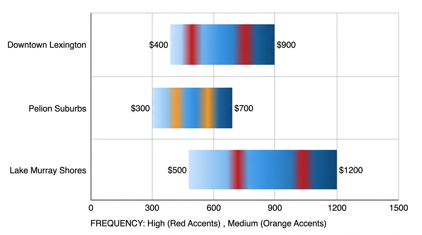 Horizontal bar chart comparing ductwork repair costs and frequencies in Lexington neighborhoods: Downtown, Pelion Suburbs, Lake Murray Shores
