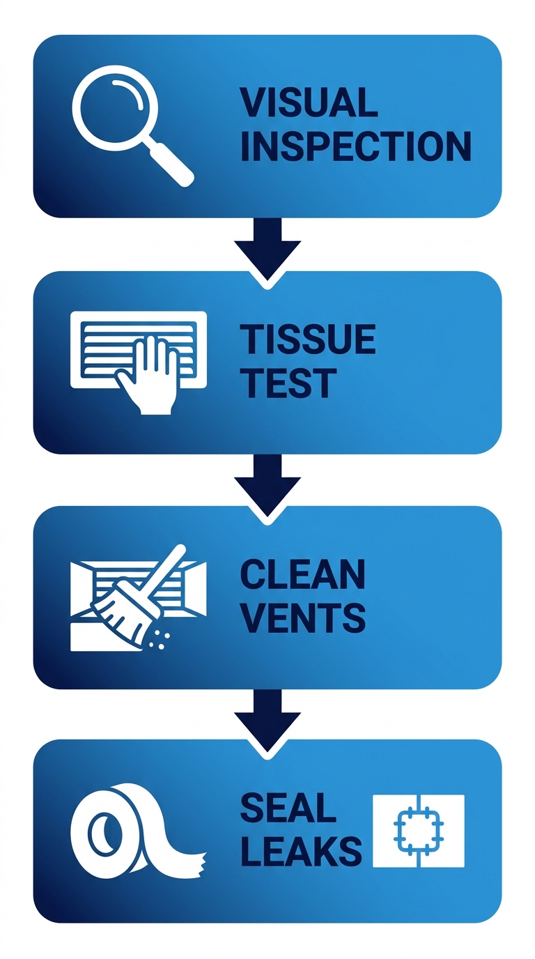 Vertical process flow diagram for diagnosing ductwork issues in Lexington SC homes with icons and minimal labels