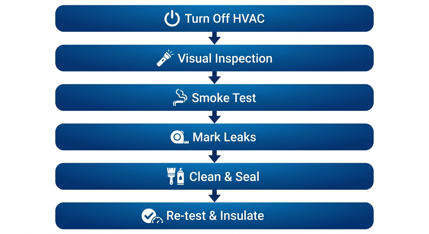 Vertical process flow diagram showing 6 steps to diagnose and repair HVAC duct leaks with icons and labels