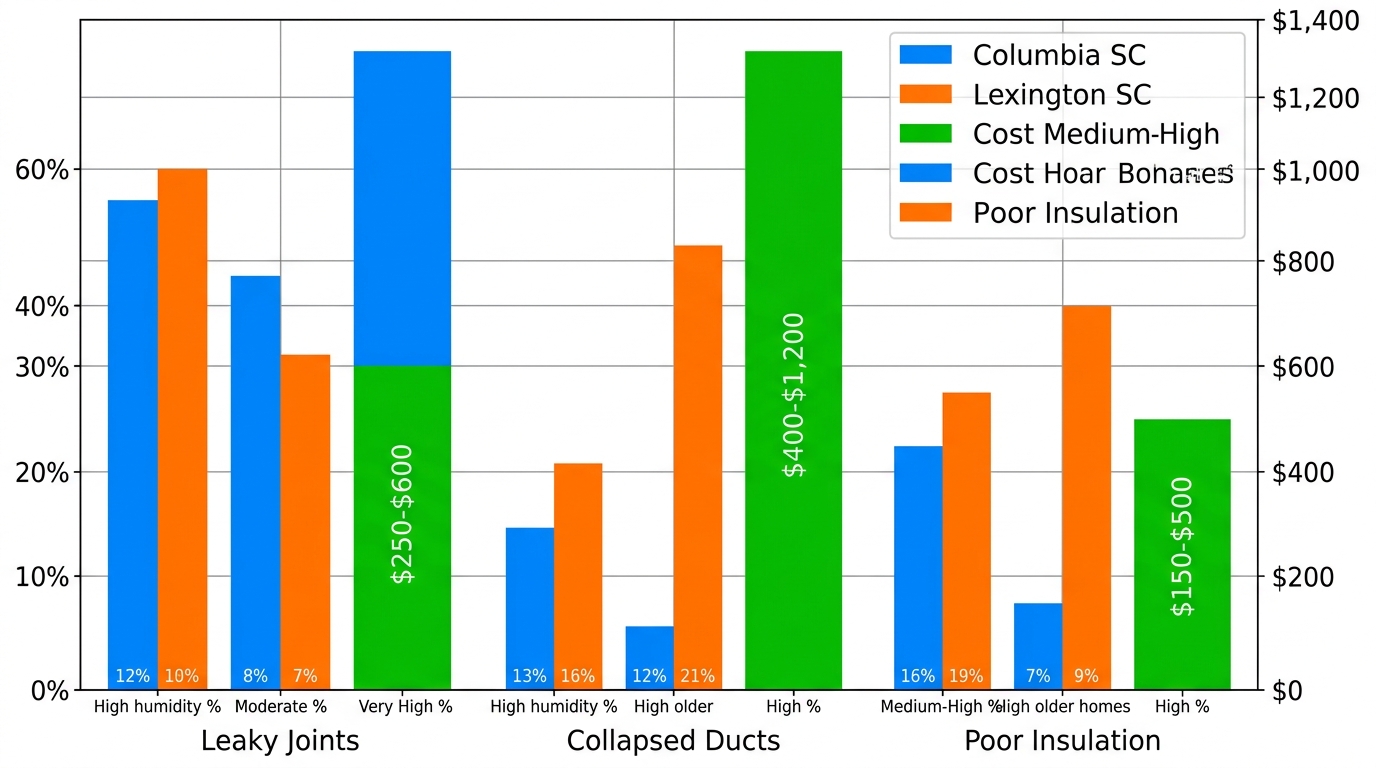 Bar chart comparing HVAC duct issues prevalence and repair costs in Columbia and Lexington SC