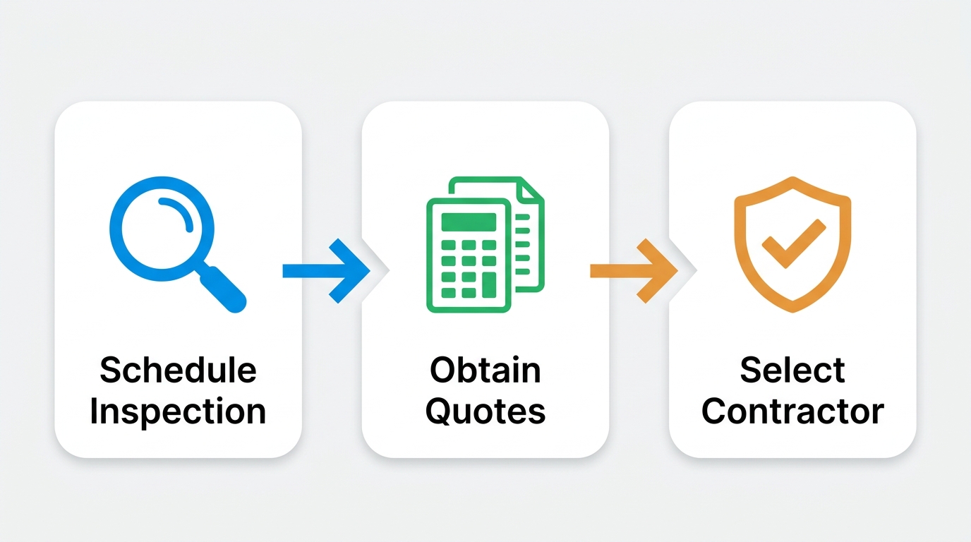 Horizontal process flow diagram illustrating three steps for initiating ductwork replacement: schedule inspection, obtain quotes, and select contractor.