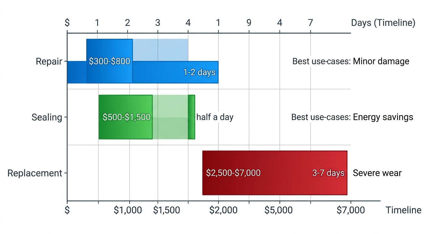Grouped horizontal bar chart comparing ductwork repair, sealing, and replacement costs, timelines, and best uses for Lexington homes