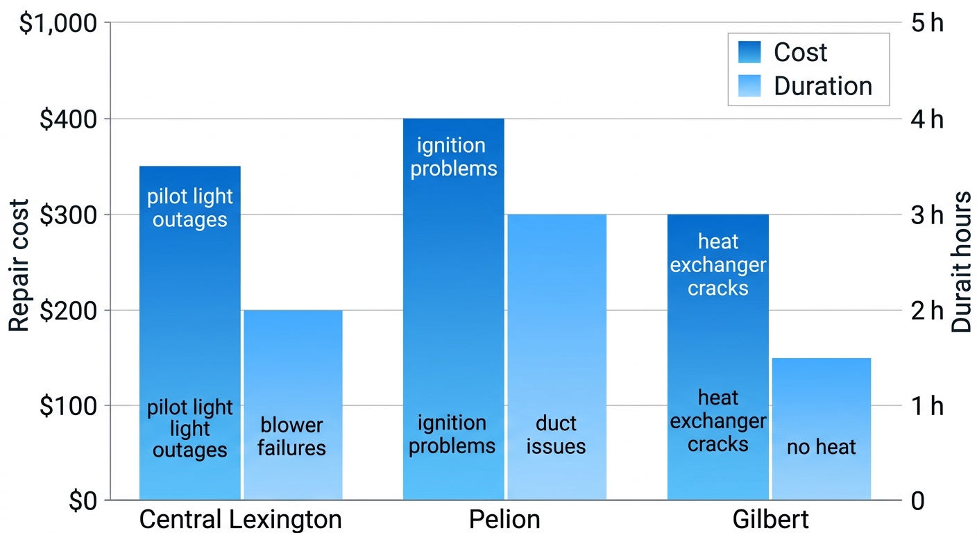 Grouped bar chart showing gas furnace repair costs, durations, and common issues by neighborhood in Lexington, South Carolina