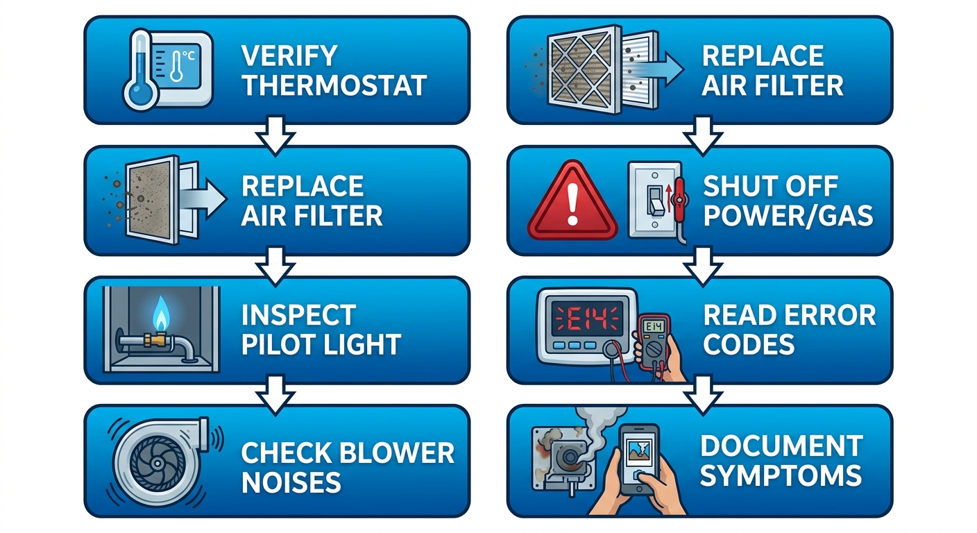 Vertical process flow diagram illustrating 7 steps to initiate gas furnace repair: verify thermostat, replace filter, inspect pilot light, check blower, shut off power, read codes, document symptoms.